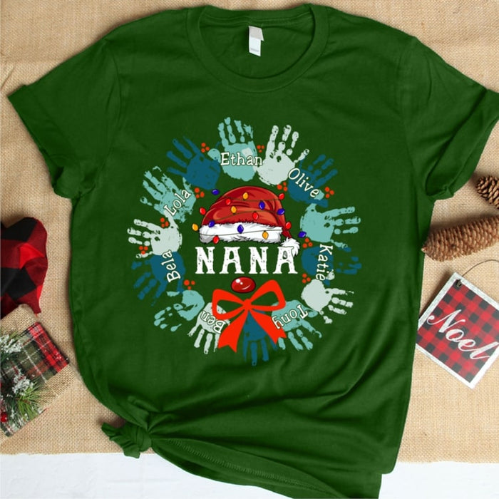 Personalized Christmas T-Shirt For Grandma Nana Santa Claus Lights And Handprint Printed Custom Grandkids Name