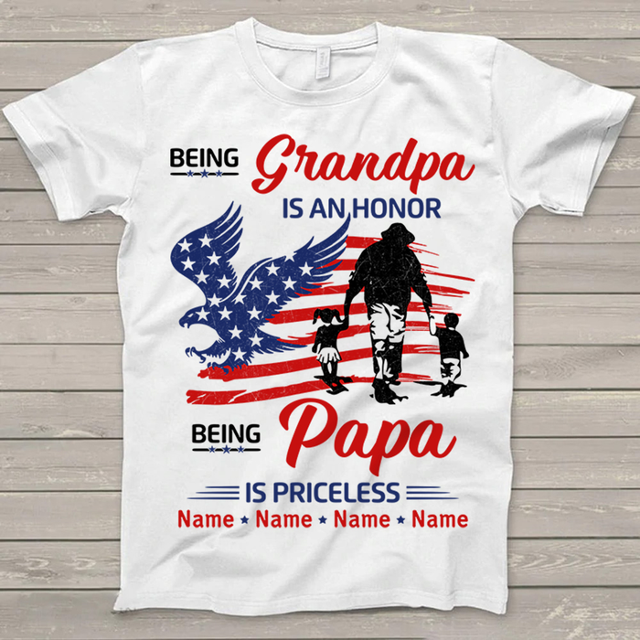 Personalized T-Shirt For Grandpa Papa America Flag Eagle Design Custom Grandkids Name Independence Day Shirt