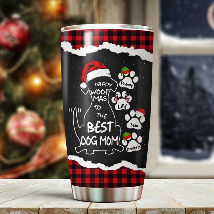 Personalized Tumbler For Dog Owner Happy Woof Mas To Mom Holly Branch Custom Name Travel Cup Gifts For Christmas
