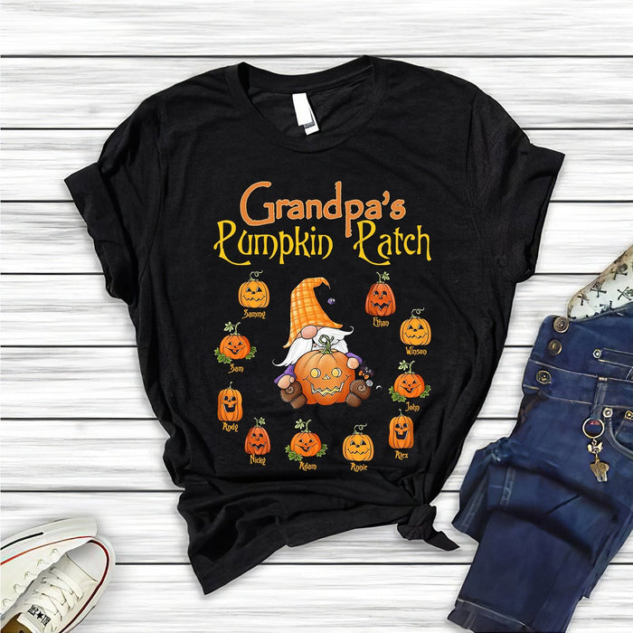 Personalized T-Shirt Grandpa's Pumpkin Patch Cute Gnome With Funny Pumpkin Printed Custom Grandkid's Name Fall Shirt