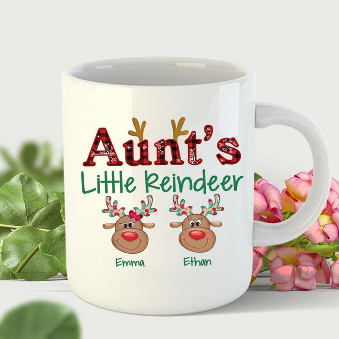Personalized Coffee Mug Aunt's Little Reindeer Cute Deer Printed Red Plaid Design Custom Kids Name 11Oz 15Oz Ceramic Mug