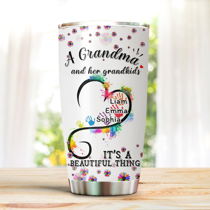 Personalized Tumbler Gifts For Grandma It's A Beautiful Thing Colorful Handprints Custom Grandkids Name For Christmas