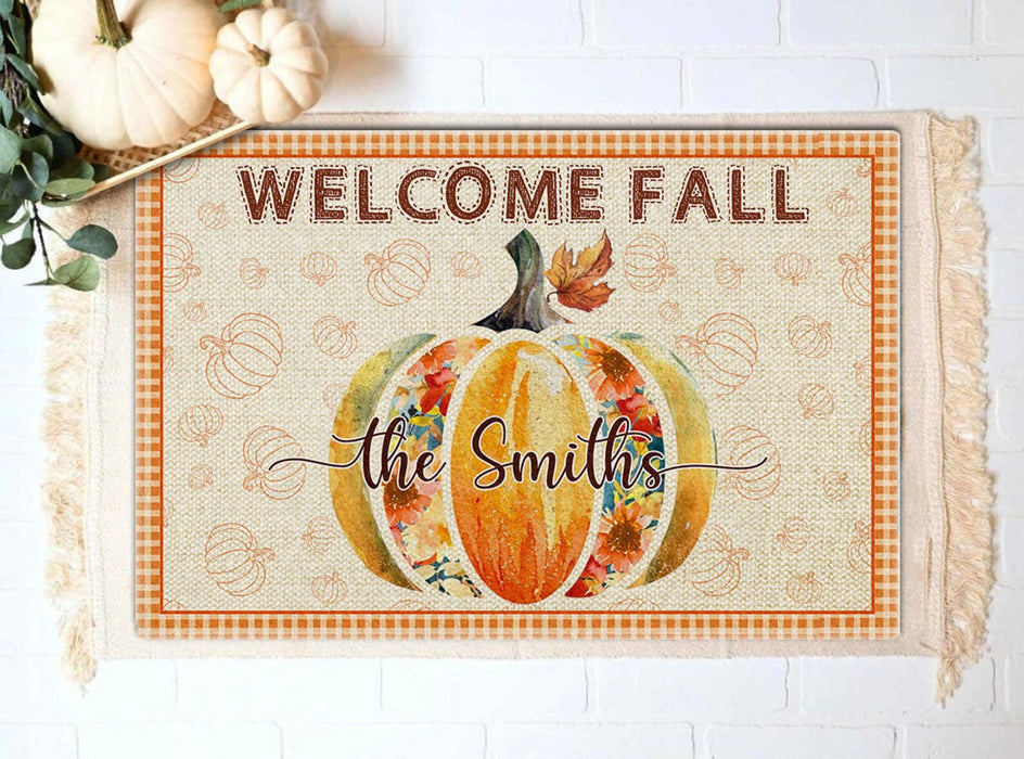 Personalized Doormat Welcome Fall Cute Pumpkin Printed Floral Plaid Design Custom Family Name For Fall Lovers