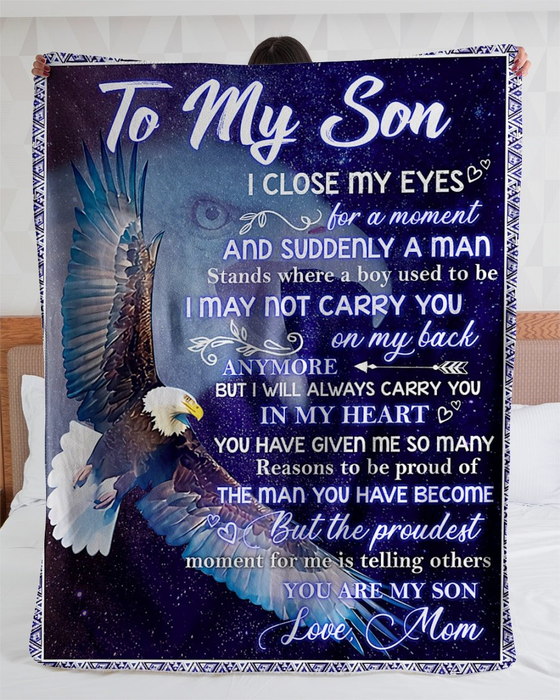 Personalized Purple Fleece Blanket To My Son From Mom Eagle Flying Night Sky Design Print Customized Name Throws