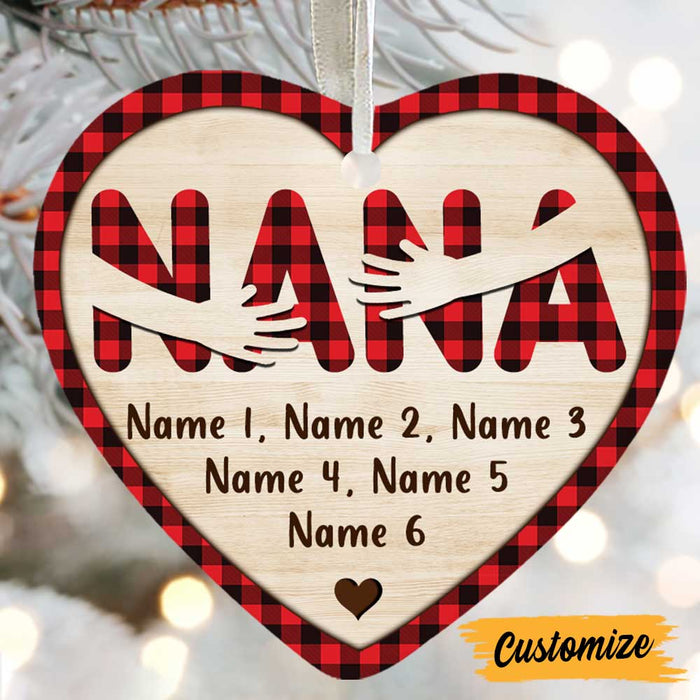 Personalized Ornament For Grandma From Grandchildren Hands Hug Heart Red Black Plaid Custom Name Gifts For Christmas