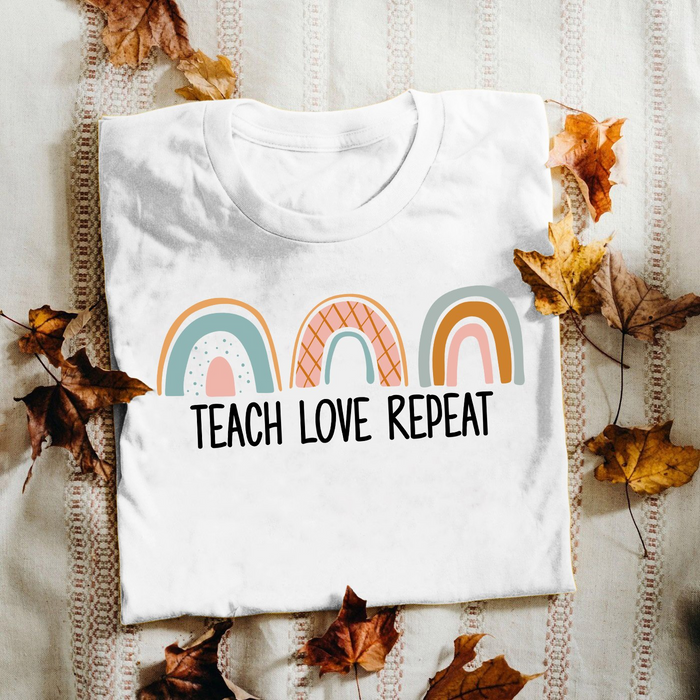 Classic Unisex T-Shirt For Teacher Teach Love Repeat Three Color Boho Rainbows Printed Back To School Outfit