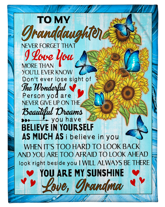 Personalized Blue Wood Fleece Blanket To My Granddaughter Blue Butterflies Sunflower Throw Blanket Custom Name