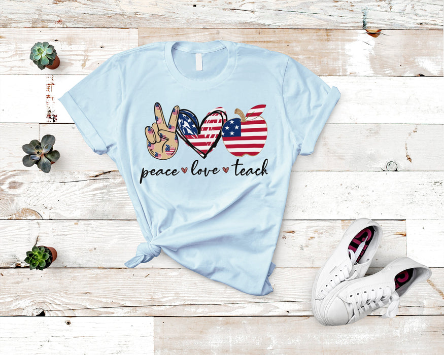 Classic Unisex T-Shirt For Teacher Peace Love Teach American Heart US Flag Printed Back To School Outfit