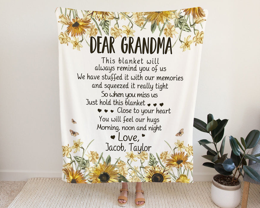 Personalized To My Grandma Blanket From Grandkids Sunflowers You Will Feel Our Hugs Custom Name Gifts For Christmas