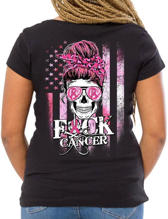 Classic T-Shirt For Women Breast Cancer Awareness F*ck Cancer Messy Bun Hair Skull & Pink Ribbon Printed