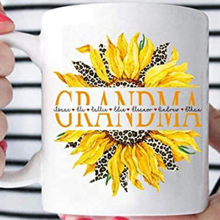 Personalized To Grandma Sunflower Leopard Coffee Mug Customized Multi Grandkids Name Gifts for Mothers Day Thanksgiving