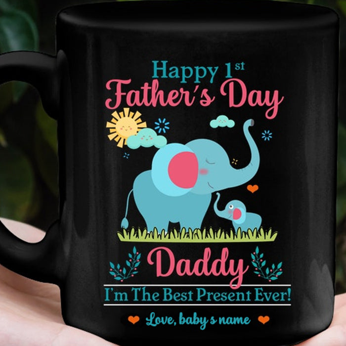 Personalized Coffee Mug For Dad Happy First Time Father's Day Cute Elephant Family Custom Gifts For Birthday