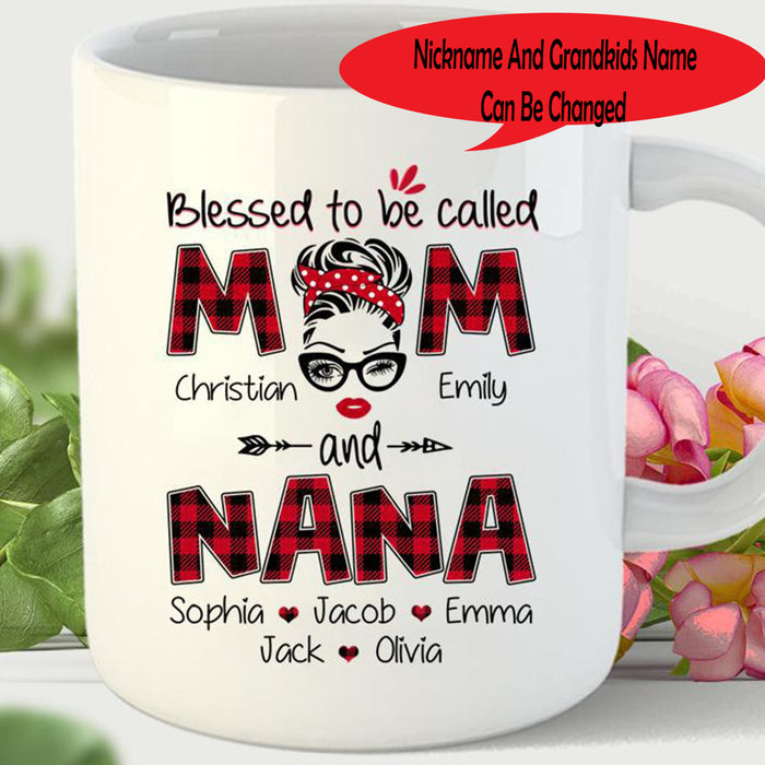 Personalized Red Plaid Mug For Grandma Print Face Woman Wink Eye Blessed To Be Called Mom And Nana Gifts for Mother's Day
