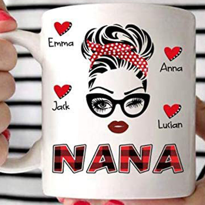 Personalized Nana Red Plaid Coffee Mug Print Face Woman Wink Eye Ribbon Customized Grandkids Names Gifts for Mother's Day