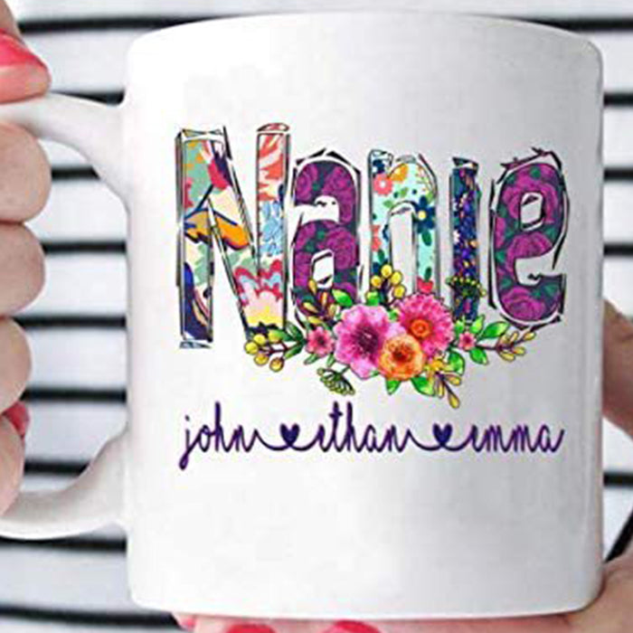 Personalized To Nanie Grandma Coffee Mug Print Floral For Grandmother Customized Multi Grandkids Name Gifts For Mothers Day