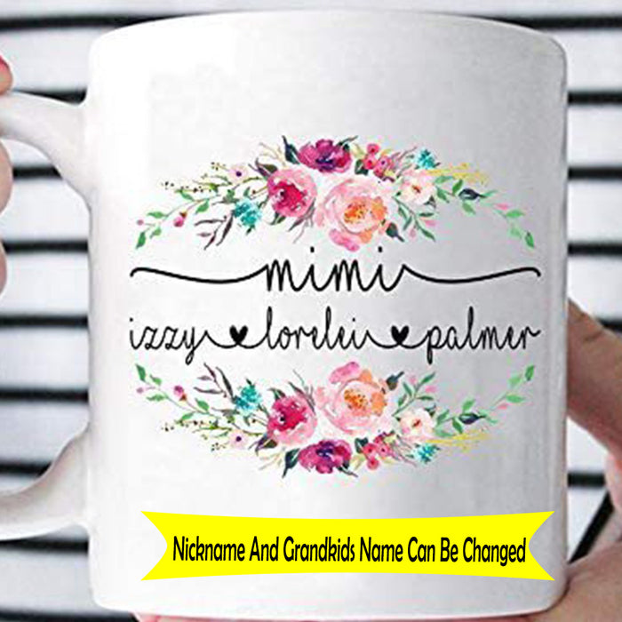 Personalized Nickname Mimi Grandma Coffee Mugs Print Beautiful Floral Custom Kids Name Gifts for Mothers Day Thanksgiving