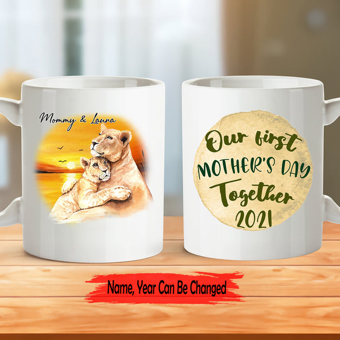 Personalized Mothers Day Coffee Mug Our First Mothers Day Together Gifts For Mothers Day Print Lion Family Mug 11Oz 15Oz Ceramic Coffee Mug First Mothers Day For Mom Mug Customized Name, Year Mug