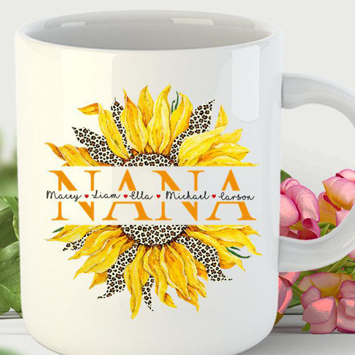 Personalized To Grandma Sunflower Leopard Coffee Mug Funny Nickname Nana Customized Grandkids Name Gifts for Mothers Day