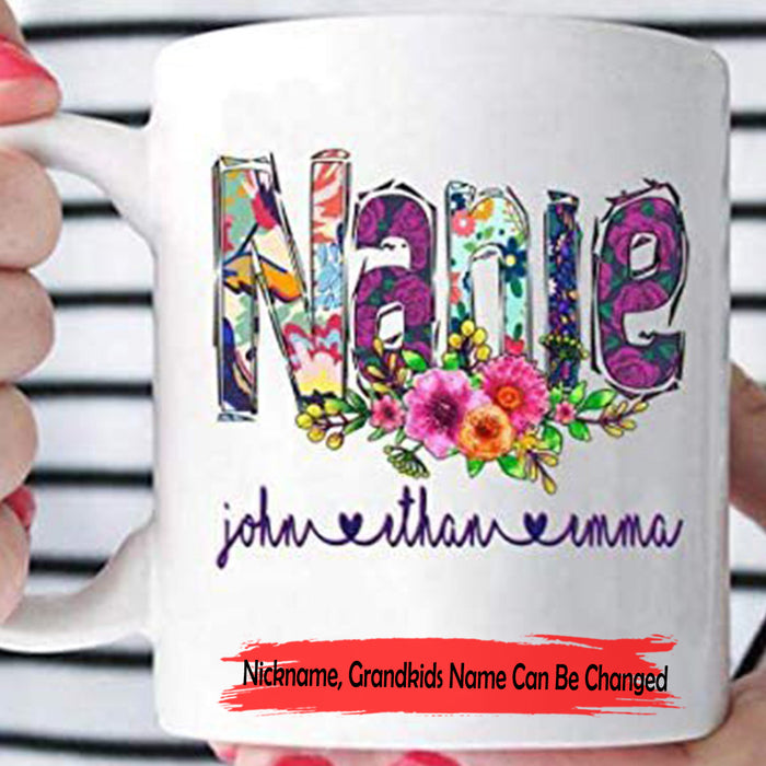 Personalized To Nanie Grandma Coffee Mug Print Floral For Grandmother Customized Multi Grandkids Name Gifts For Mothers Day