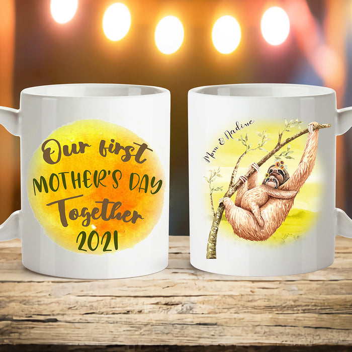 Personalized Mothers Day Coffee Mug Our First Mothers Day Together Gifts For Mothers Day Print Sloth Family Mug 11Oz 15Oz Ceramic Coffee Mug Gifts New Mom Mug Customized Anniversary Year Mug