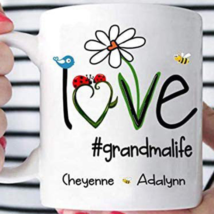 Personalized To Grandmother Coffee Mug Print Ladybug Daisy Love Grandma Life Custom Grandkids Name Gifts For Mothers Day