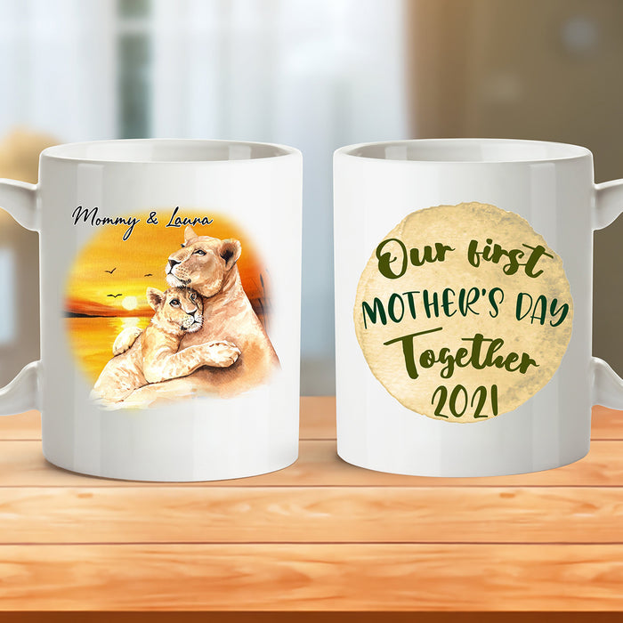 Personalized Mothers Day Coffee Mug Our First Mothers Day Together Gifts For Mothers Day Print Lion Family Mug 11Oz 15Oz Ceramic Coffee Mug First Mothers Day For Mom Mug Customized Name, Year Mug