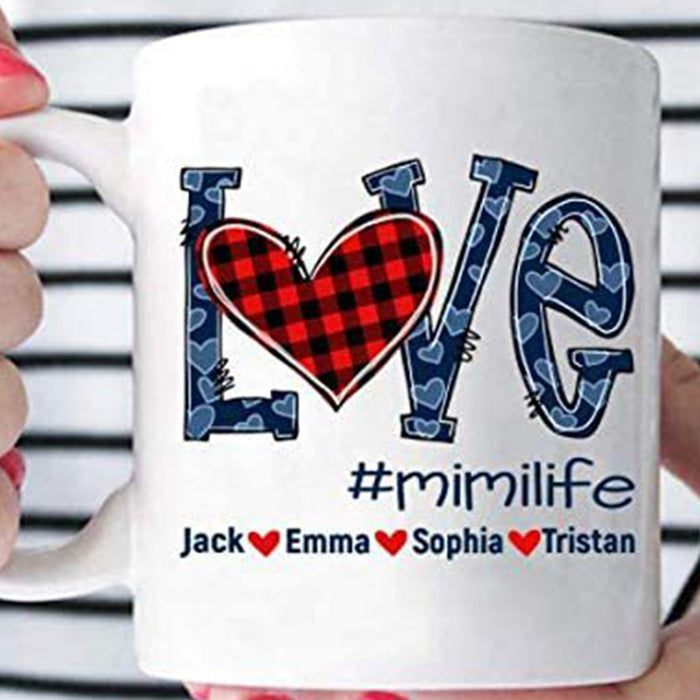 Personalized To Grandma Buffalo Plaid Coffee Mug Love Mimi Life Customized Grandkids Name Gifts Mothers Day Birthday