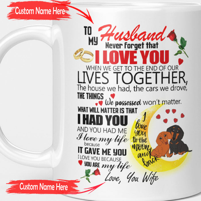 Personalized Coffee Mug For Husband Funny Valentine's Day Print Dachshund Couple Gifts For Him Or Her