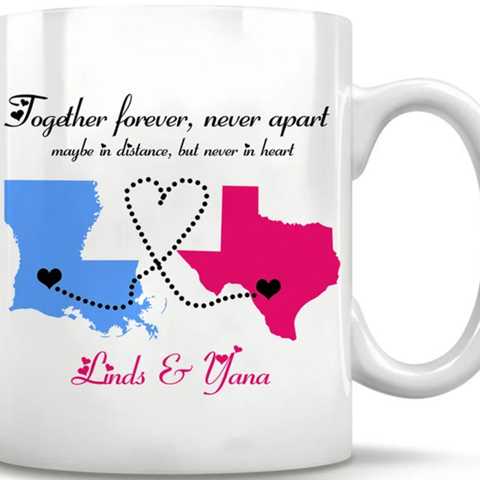 Personalized To Bestie Coffee Mug Together Forever Never Apart Custom Map And Name Gifts For Sibling