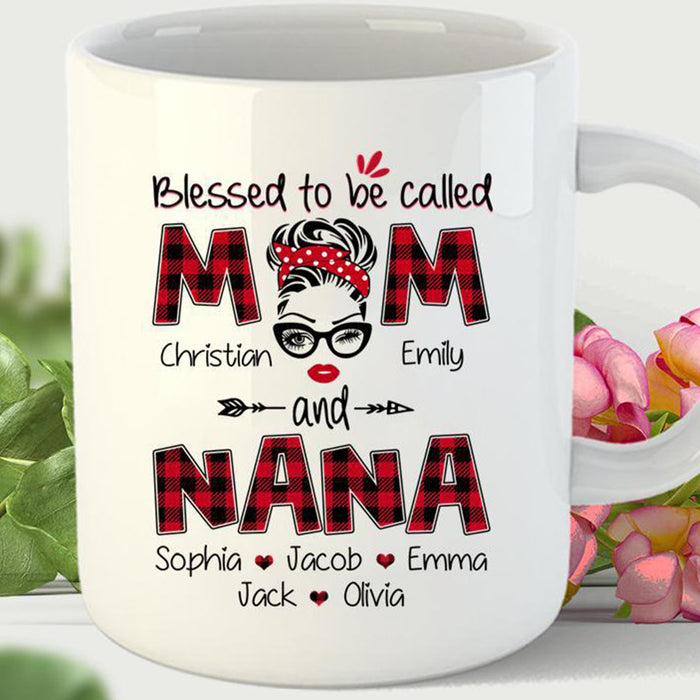 Personalized Red Plaid Mug For Grandma Print Face Woman Wink Eye Blessed To Be Called Mom And Nana Gifts for Mother's Day