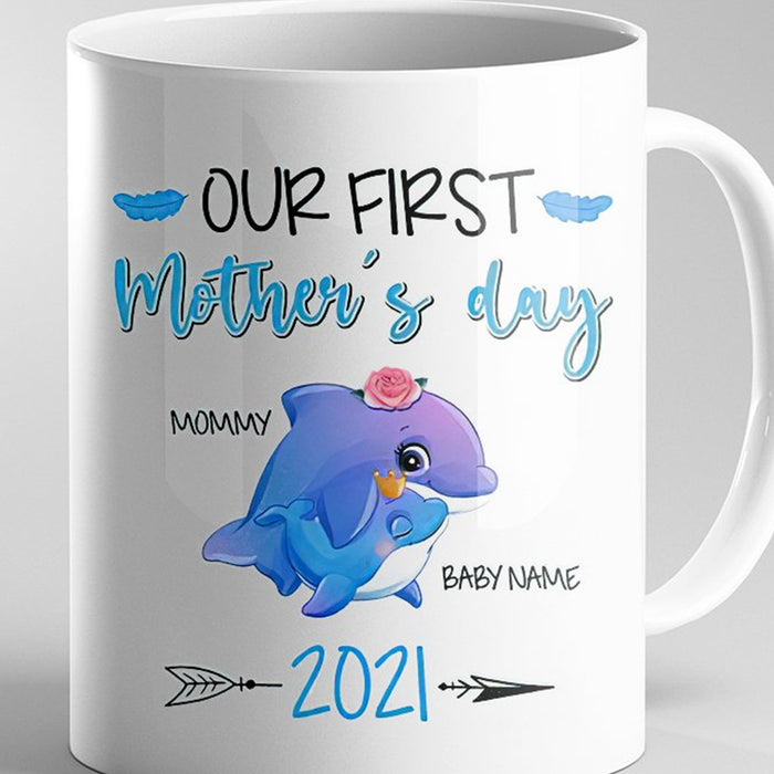 Personalized Coffee Mug For Mom Our First Mother's Day Cute Dolphin Family Custom Year New Mom Gifts 2021