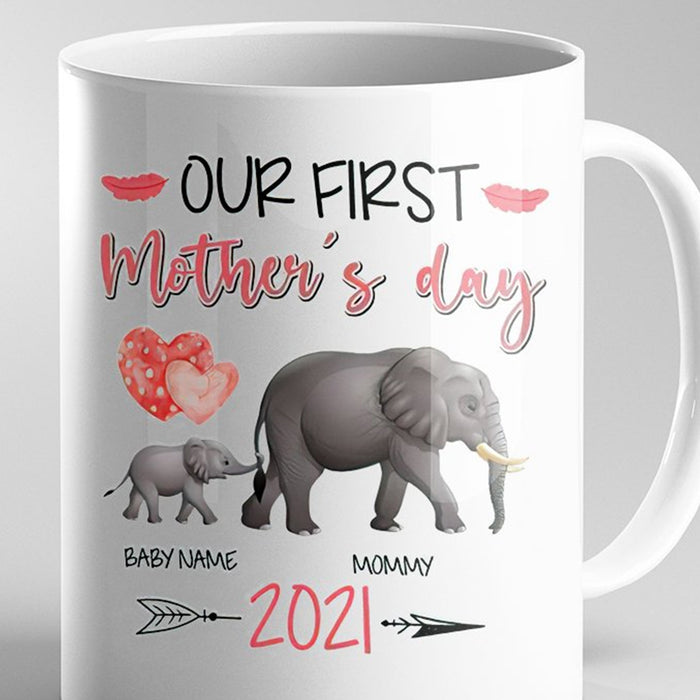 Personalized Coffee Mug For Mom Our First Mother's Day Cute Elephant Family Custom Year New Mom 2021 Gifts