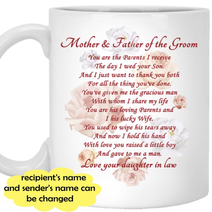 Personalized Father In Law Coffee Mug Funny Parents Of The Groom Custom Gifts For Father's Day Wedding
