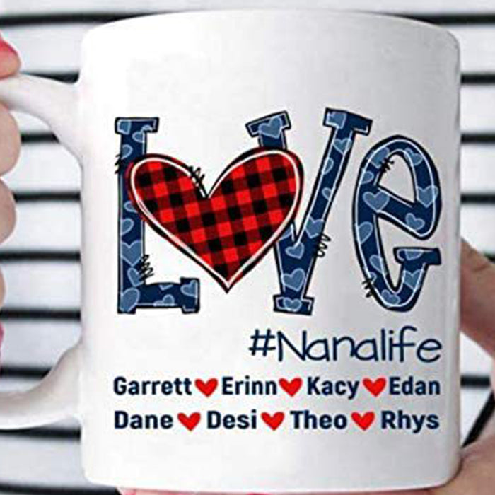 Personalized To Grandma Coffee Mug Print Heart Buffalo Plaid Love Nana Life Customized Grandkids Name Gifts Mothers Day