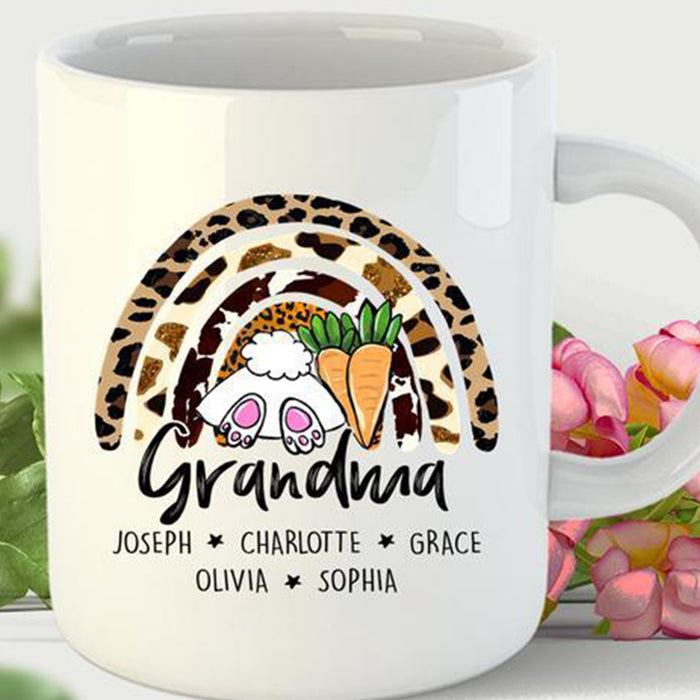 Personalized Grandma Coffee Mug Print Leopard Rainbow Bunny Rabbit Customized Grandkids Mug Gifts for Mother's Day