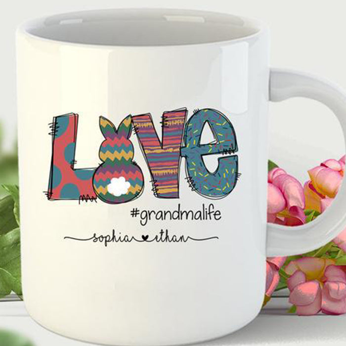 Personalized Coffee Mug For Grandma Print Cute Bunny Love Grandma Life Customized Grandkids Names Gifts for Mother's Day