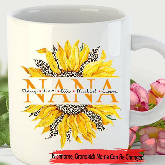 Personalized To Grandma Sunflower Leopard Coffee Mug Funny Nickname Nana Customized Grandkids Name Gifts for Mothers Day