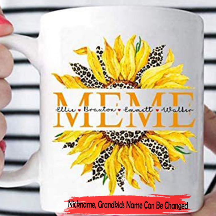 Personalized To Grandma Sunflower Leopard Coffee Mug Funny Nickname Meme Customized Grandkids Name Gifts for Mothers Day