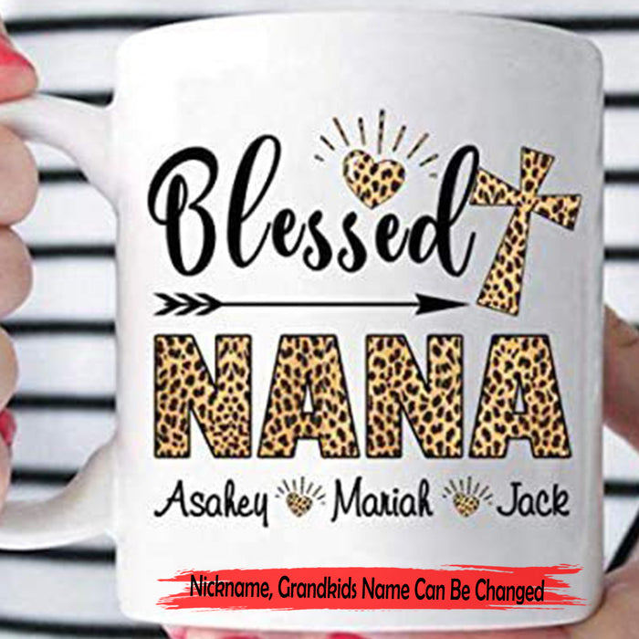 Personalized To Grandma Leopard Coffee Mug Funny Quotes Blessed Nana Customized Grandkids Name Gifts for Mothers Day