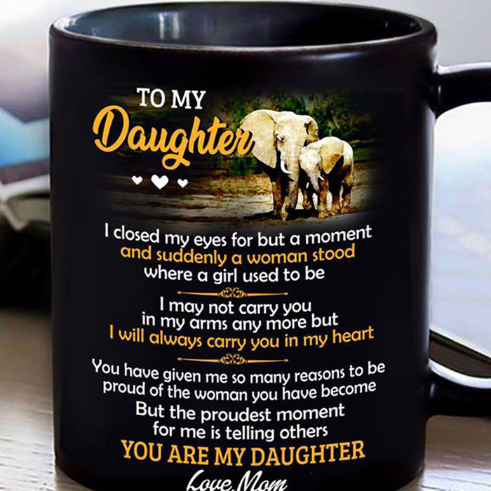 Personalized To Daughter Coffee Mug Print Photo Elephant Family Sweet Message Customized Gifts For Birthday, Mothers Day
