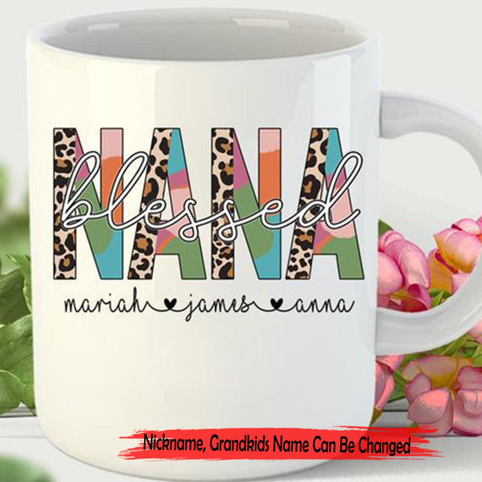 Personalized To Grandma Leopard Coffee Mug Funny Blessed Nana Customized Grandkids Name Gifts for Mothers Day Birthday