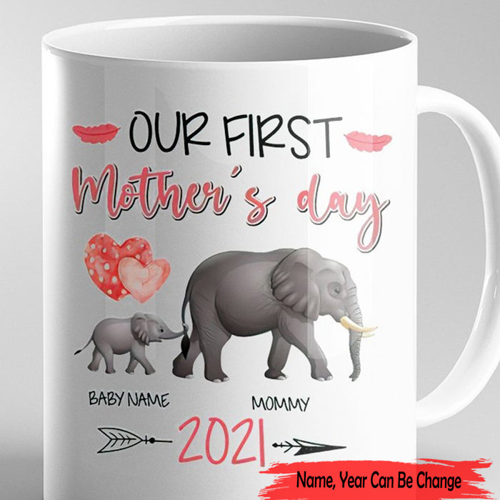 Personalized Coffee Mug For Mom Our First Mother's Day Cute Elephant Family Custom Year New Mom 2021 Gifts