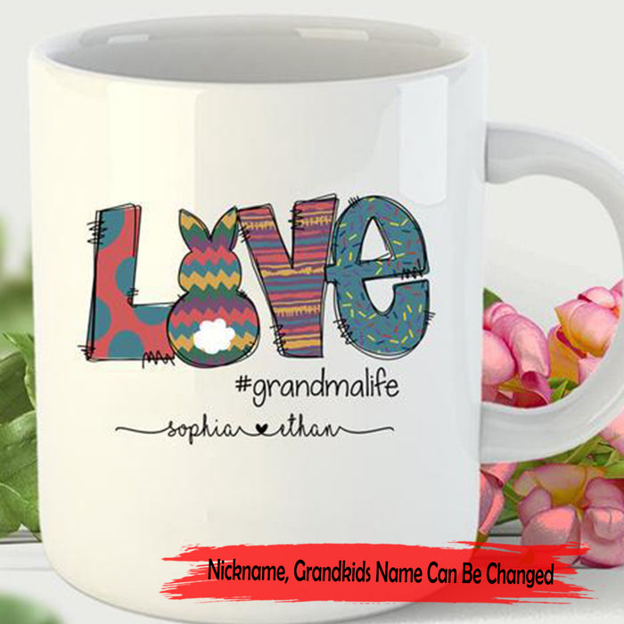 Personalized Coffee Mug For Grandma Print Cute Bunny Love Grandma Life Customized Grandkids Names Gifts for Mother's Day