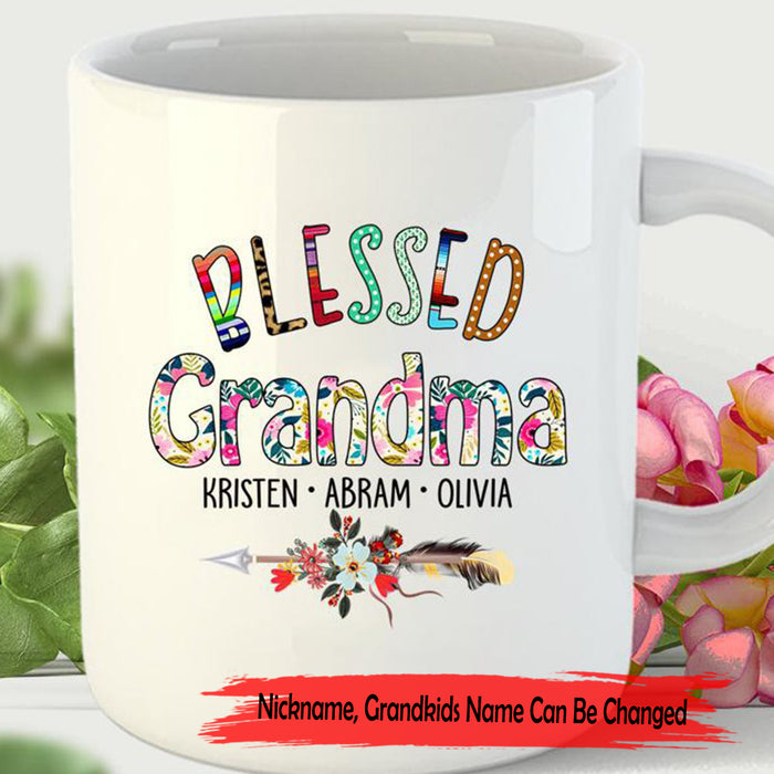 Personalized Coffee Mug For Grandma Print Floral Quotes Blessed Grandma Customized Grandkids Name Gifts For Mothers Day