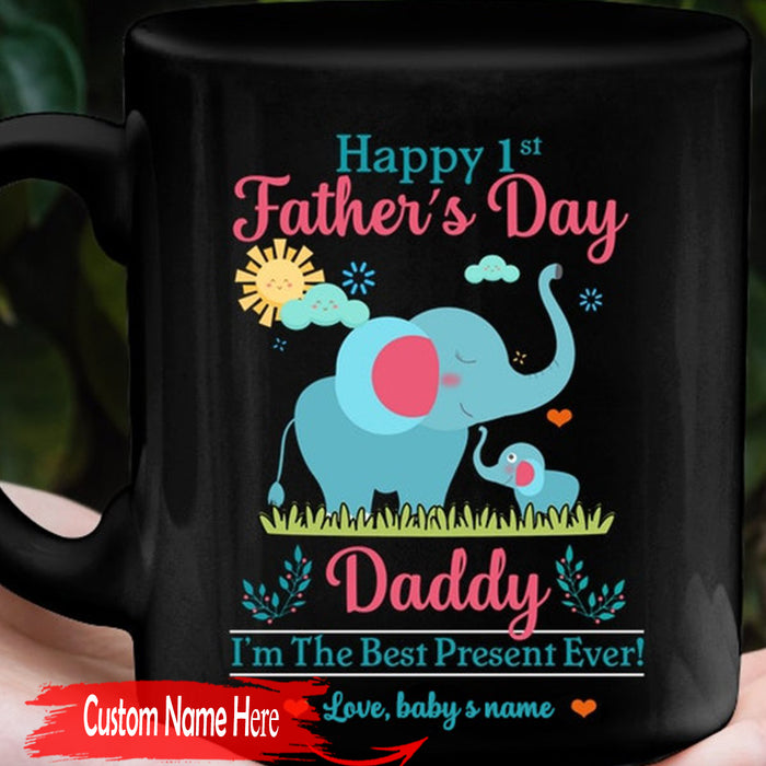 Personalized Coffee Mug For Dad Happy First Time Father's Day Cute Elephant Family Custom Gifts For Birthday