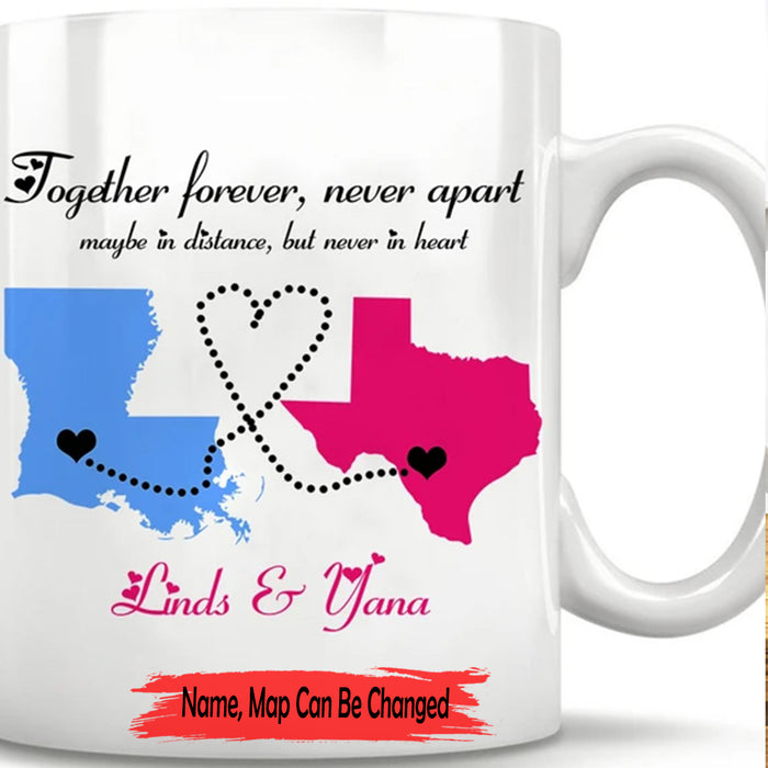 Personalized To Bestie Coffee Mug Together Forever Never Apart Custom Map And Name Gifts For Sibling