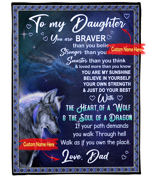 Personalized Fleece Blanket For Daughter Print Wolf Braver Stronger Smarter And Loved Customized Blanket Gift For Birthday Graduation