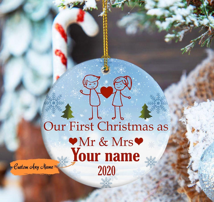 Personalized Our First Christmas As Mr And Mrs Circle Ornament For Husband Wife Couple Custom Just Married Ornaments