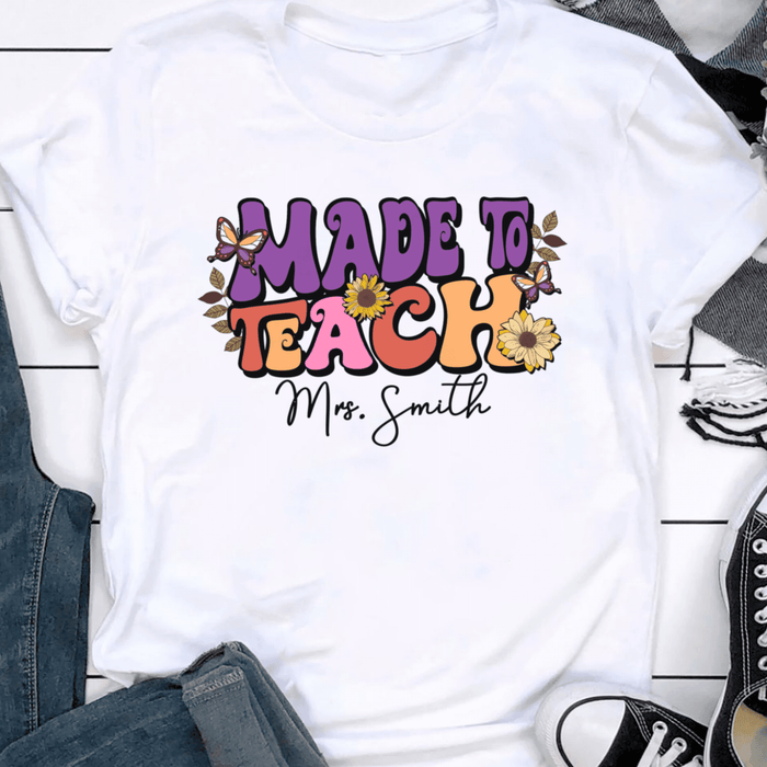 Personalized T-Shirt For Teacher Colorful Design Sunflower & Butterfly Print Custom Name Back To School Outfit