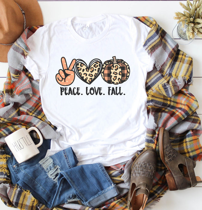 Classic Unisex T-Shirt Peace Love Fall Hand Sign Leopard Heart Plaid Pumpkin Funny Shirt For Autumn Season